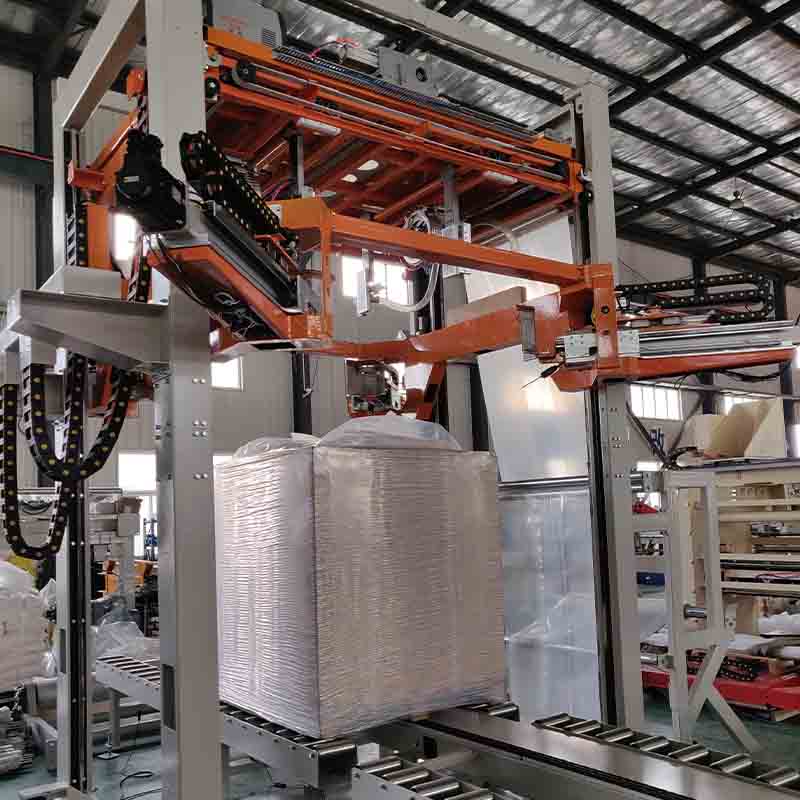 Film head rotate with ring, analog control for flexible film delivery speed;  Conduct trolley to supply power for film pre-stretch, good performance when running to save wrapping material;  Plug between main control cabinet and wrapper for easier installation and maintenance.